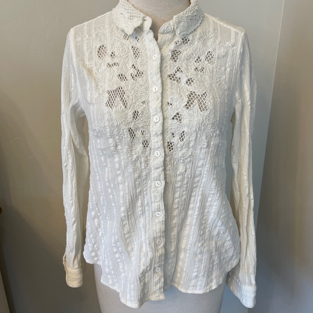 Free People White Lace Button Up Top